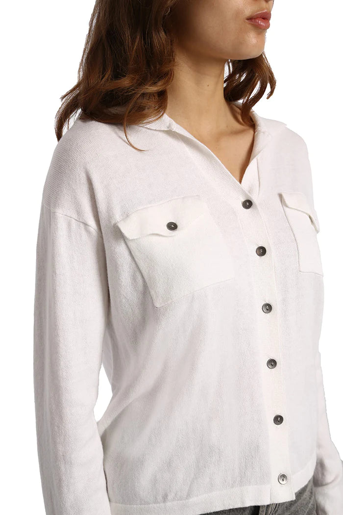 Cotton Cashmere Long Sleeve Solid Camp Shirt White