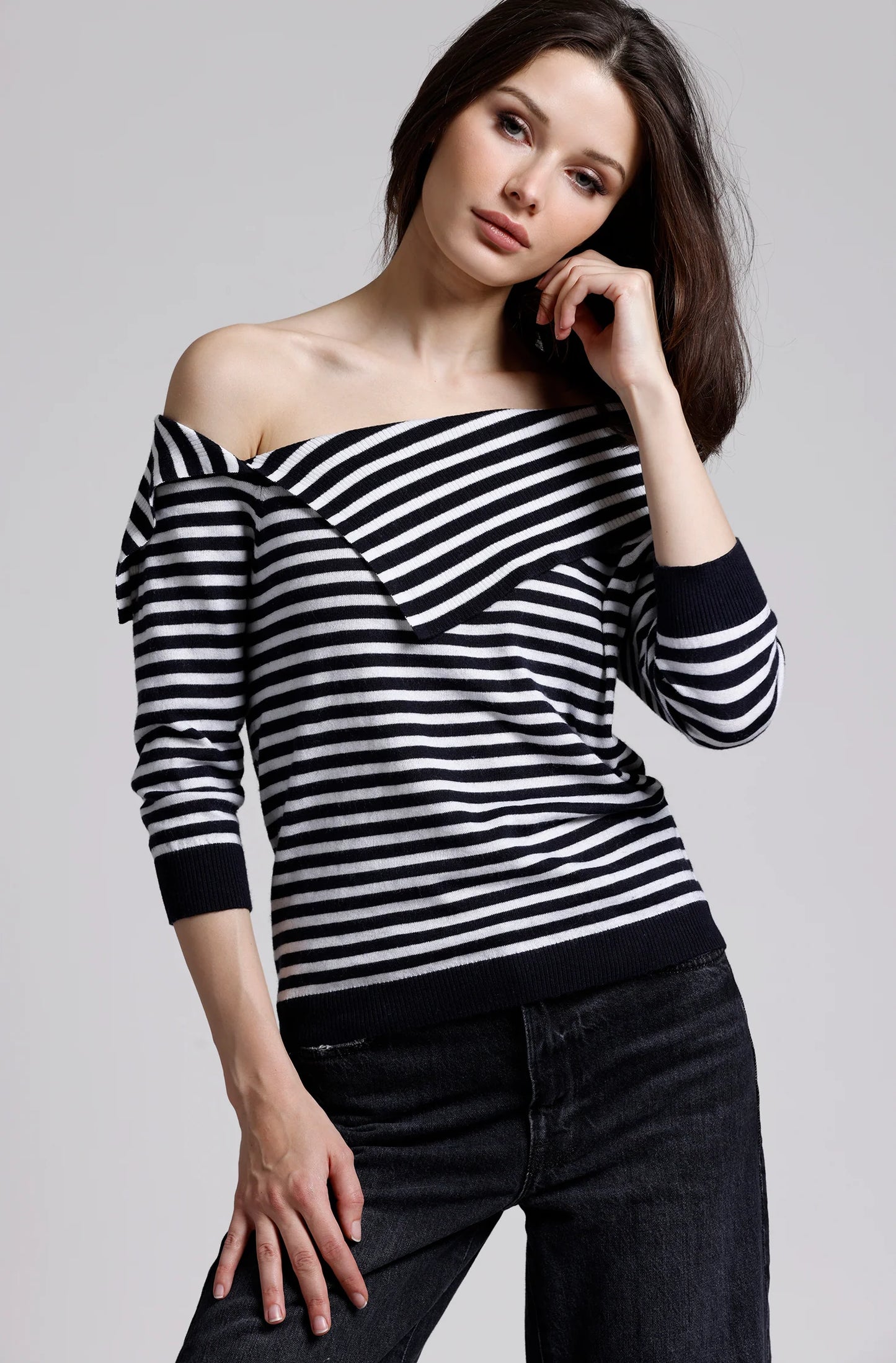 Cotton Cashmere Striped Off The Shoulder Top
