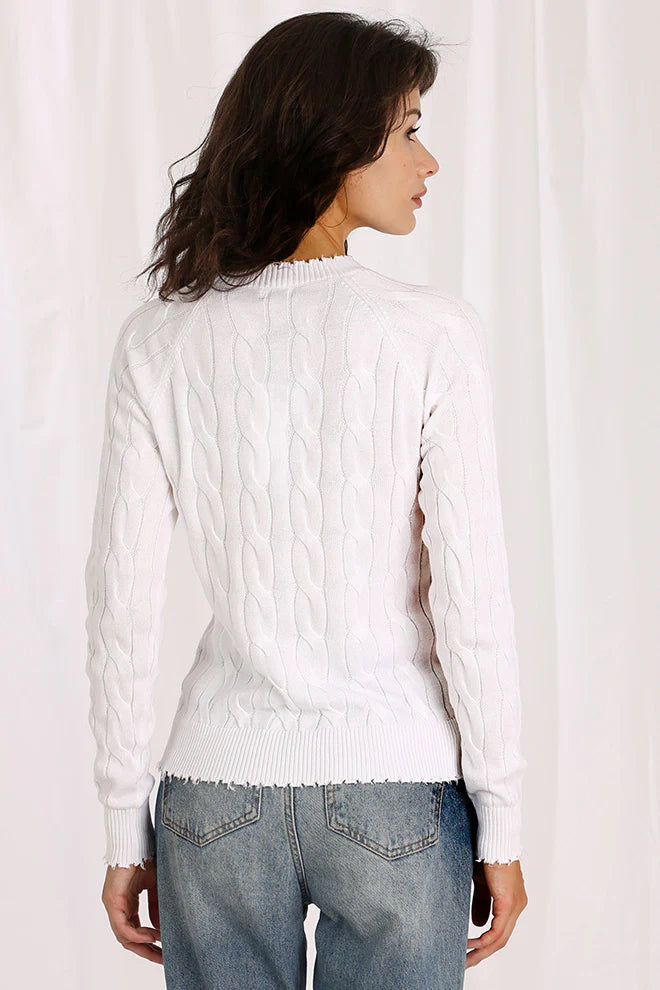 Cotton Cable LS Crew w/ Frayed Edges