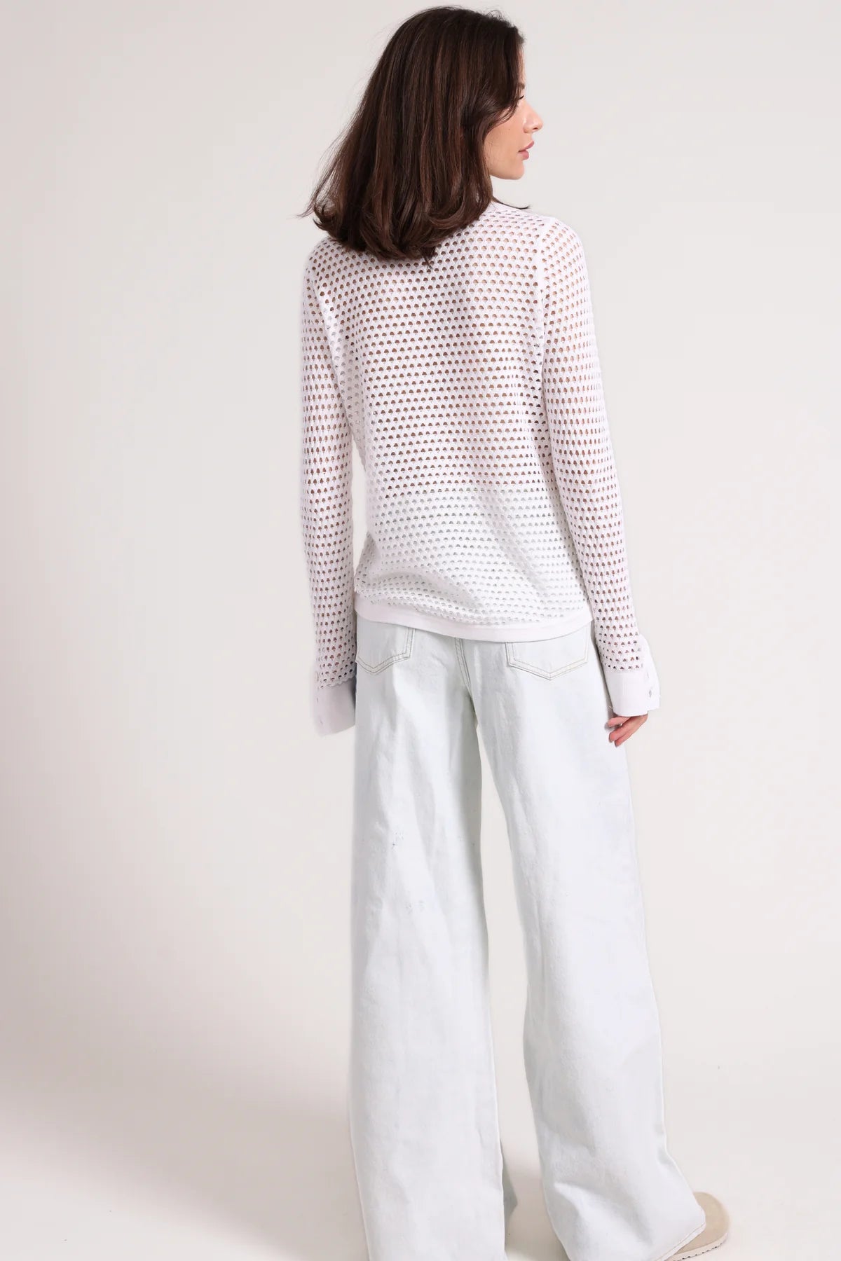 Cotton Cashmere Plaited Mesh Button Down Shirt White