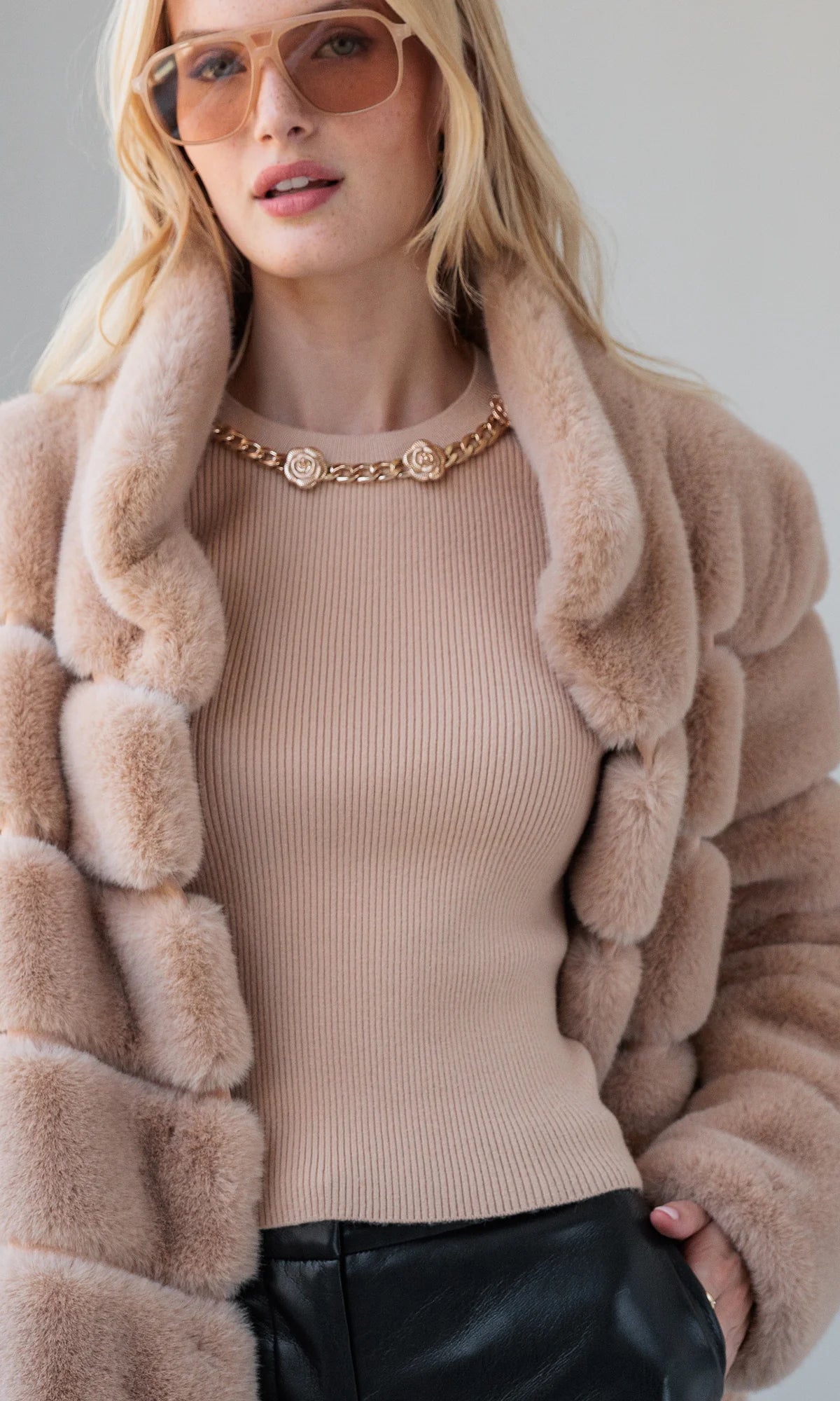 Leiber Ribbed Sweater With Poplin Cuff Camel
