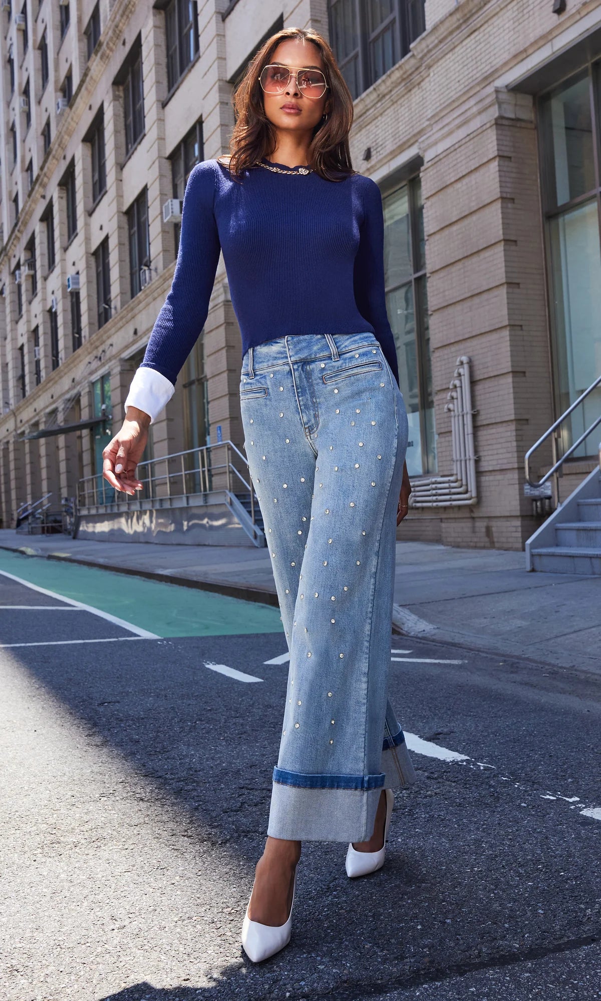 Leiber Ribbed Sweater With Poplin Cuff Navy