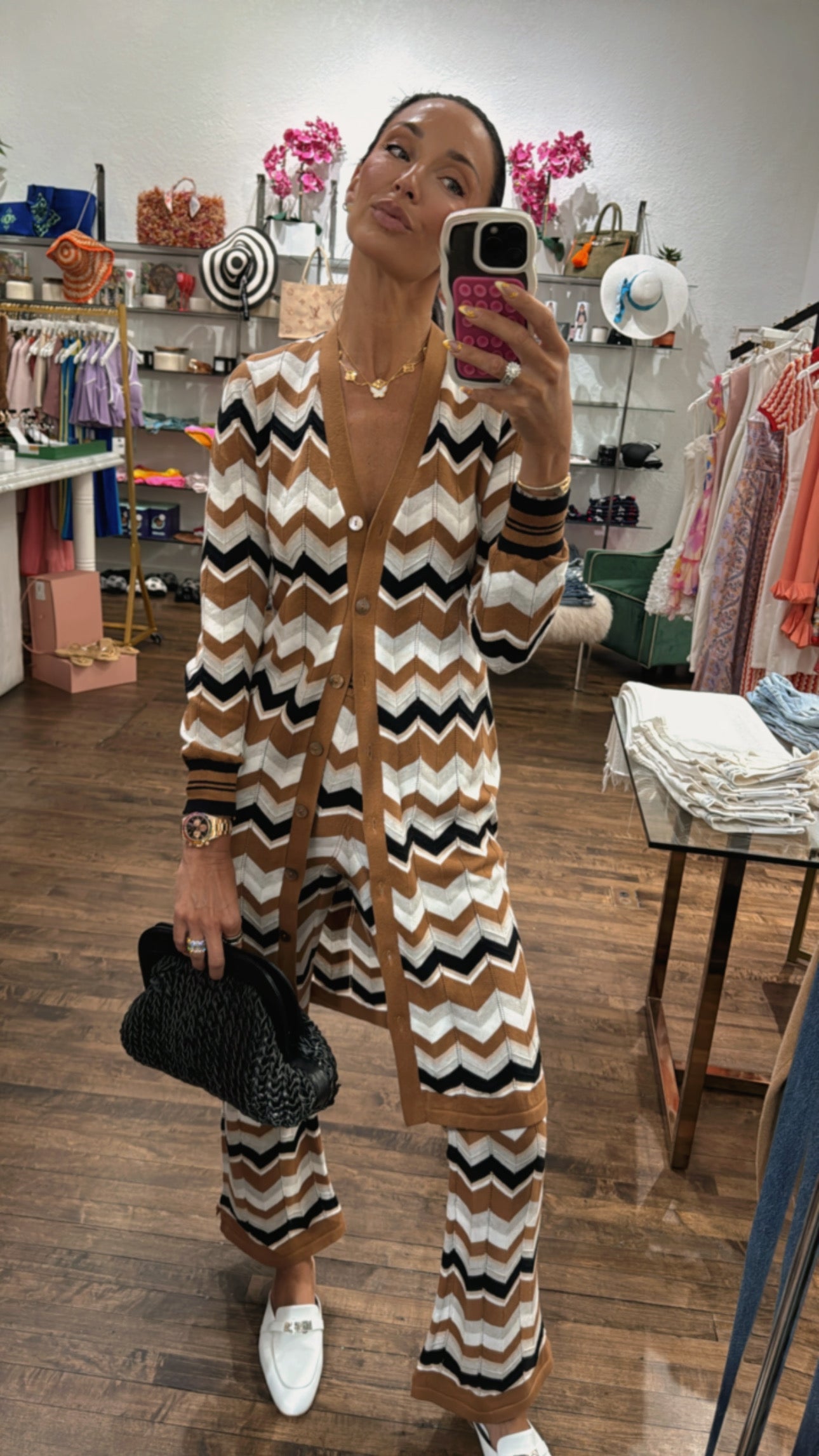 Chevron Pointelle Duster Brown/White