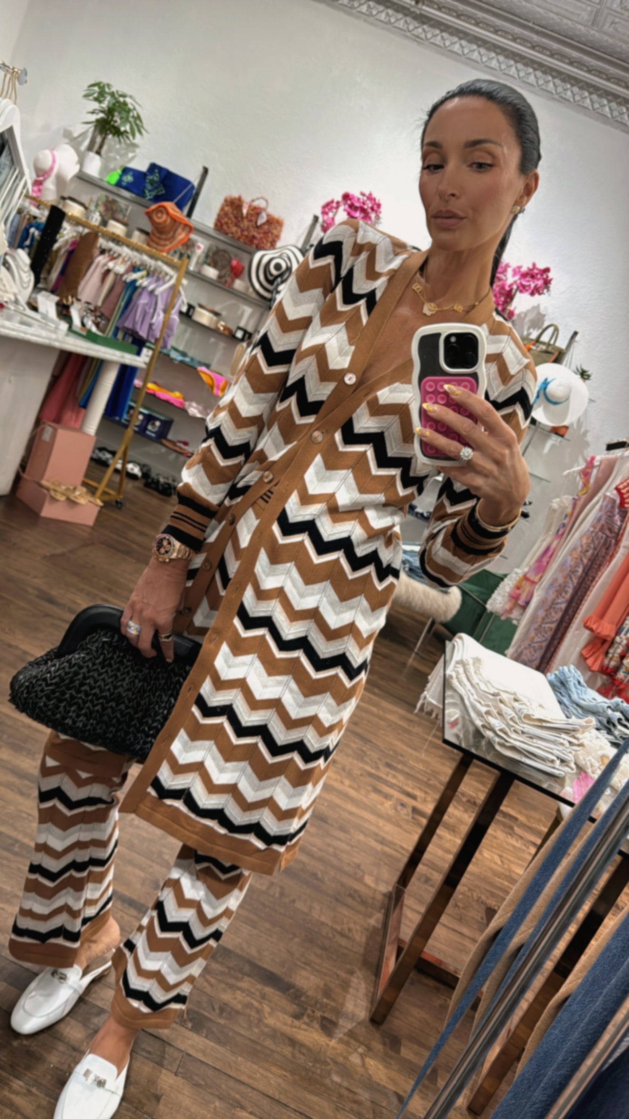 Chevron Pointelle Duster Brown/White