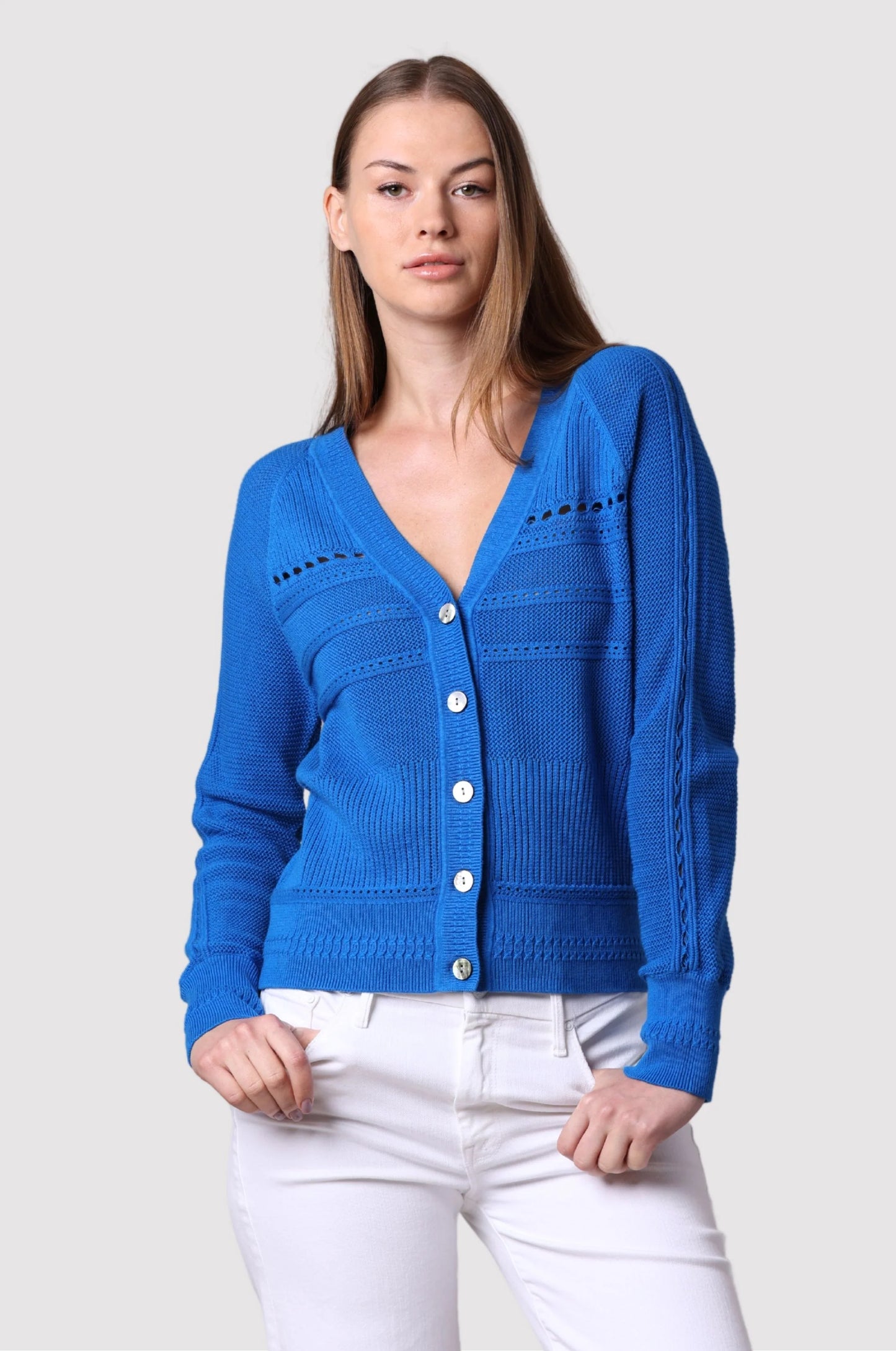 Cotton Cashmere Pointelle Mix V Neck Cardigan Bayou Blue