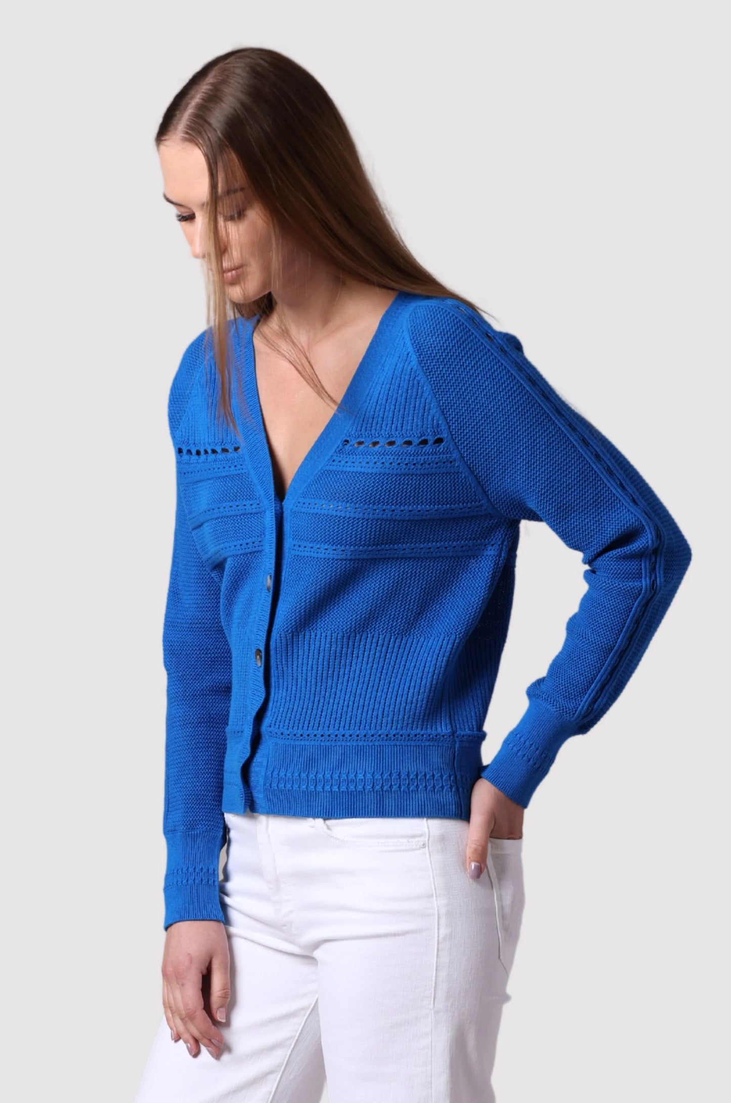 Cotton Cashmere Pointelle Mix V Neck Cardigan Bayou Blue