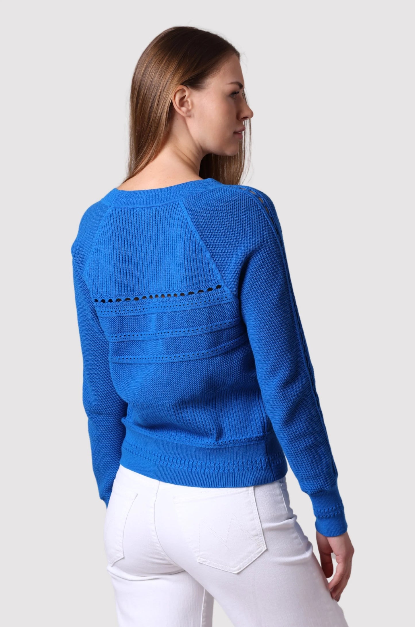 Cotton Cashmere Pointelle Mix V Neck Cardigan Bayou Blue