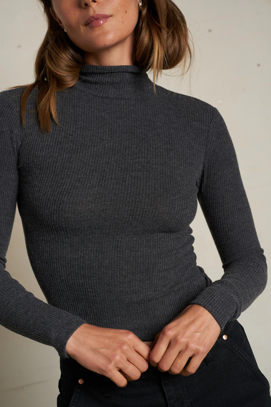 Noelle Sweater Rib Top Charcoal