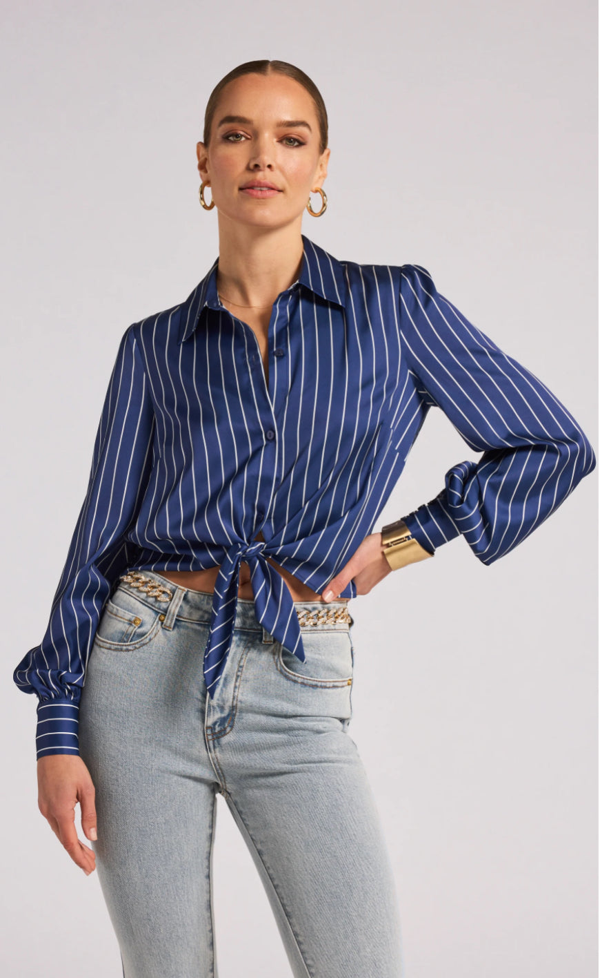 Emory Pinstripe Tie Front Blouse