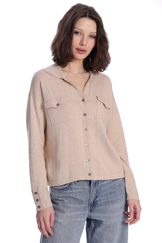 Cotton Cashmere Long Sleeve Solid Camp Shirt Brown Sugar