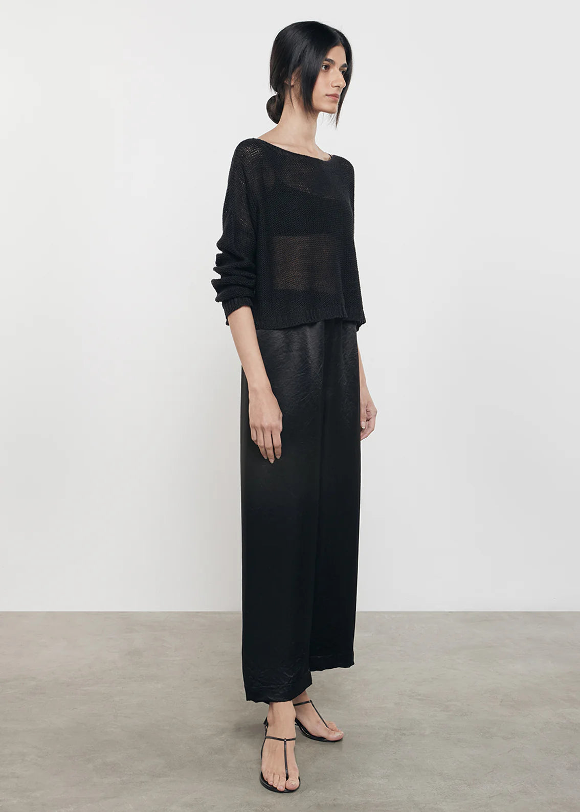 Linen Open Knit Bateau Sweater Black