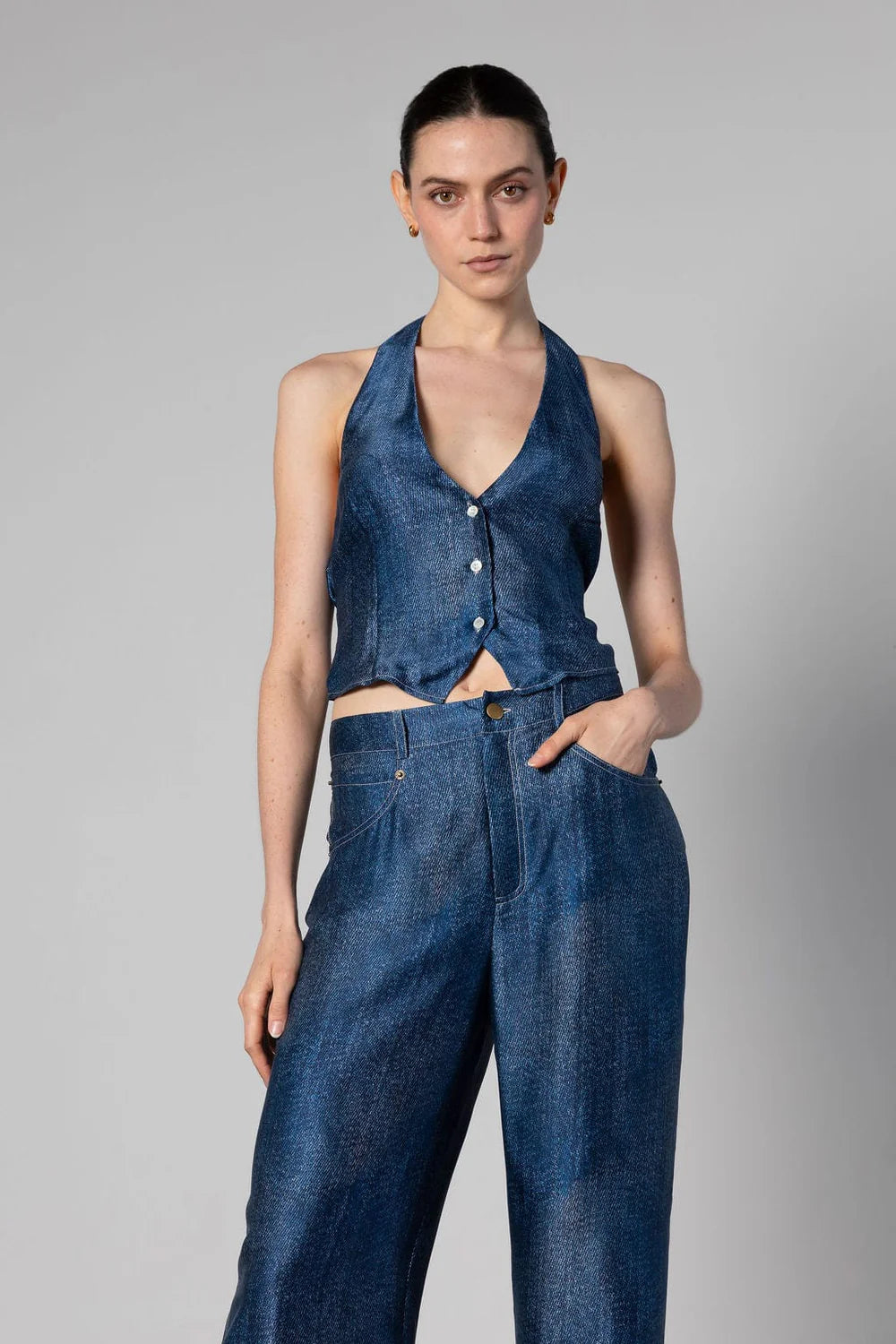 Silk Halter Waistcoat Dark Wash Denim