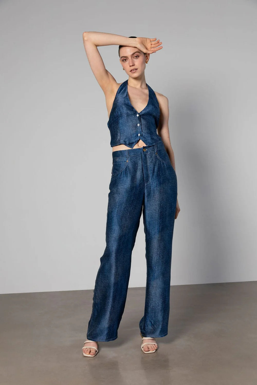 Silk Halter Waistcoat Dark Wash Denim