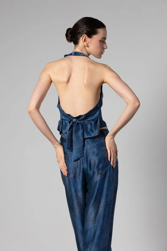 Silk Halter Waistcoat Dark Wash Denim
