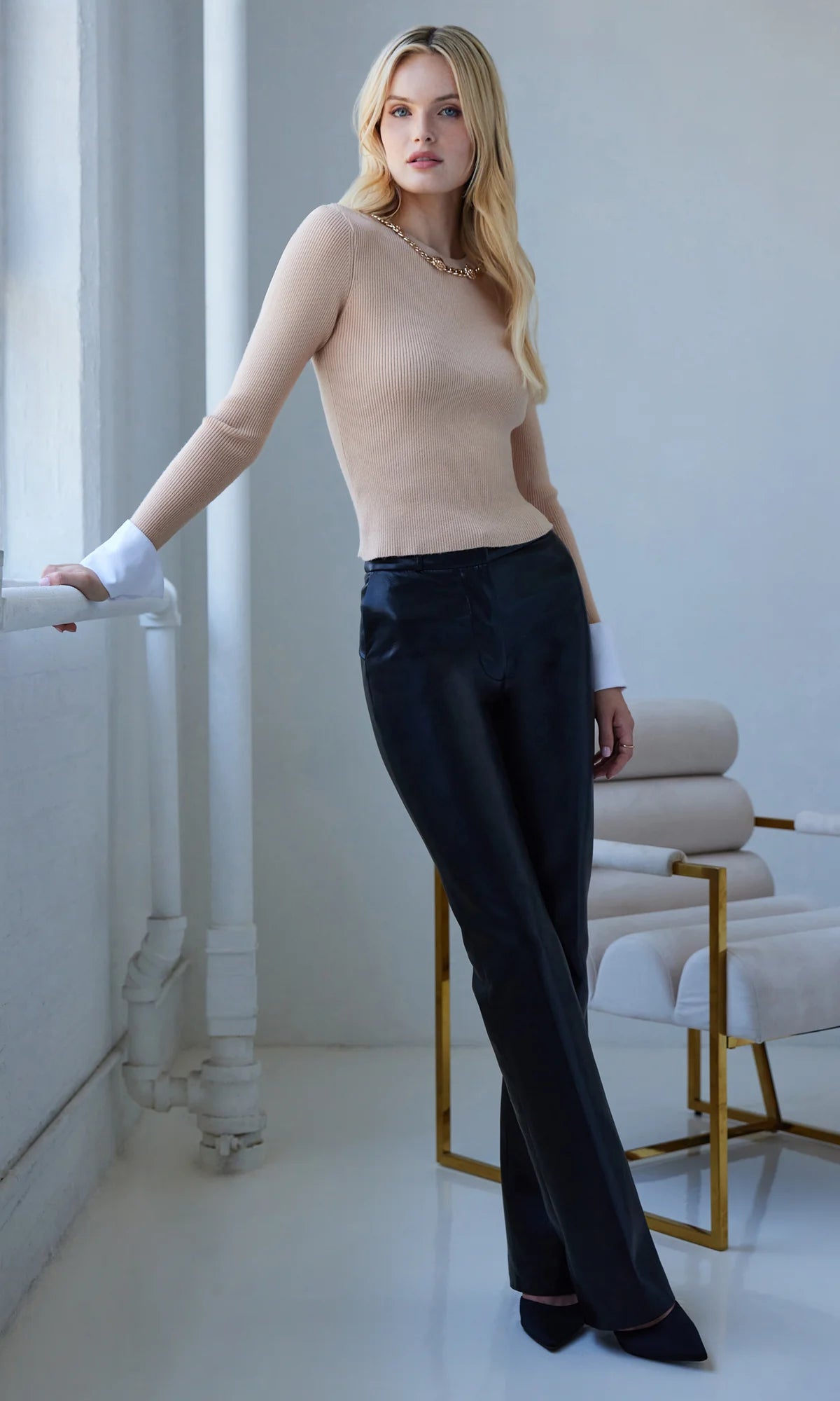 Leiber Ribbed Sweater With Poplin Cuff Camel