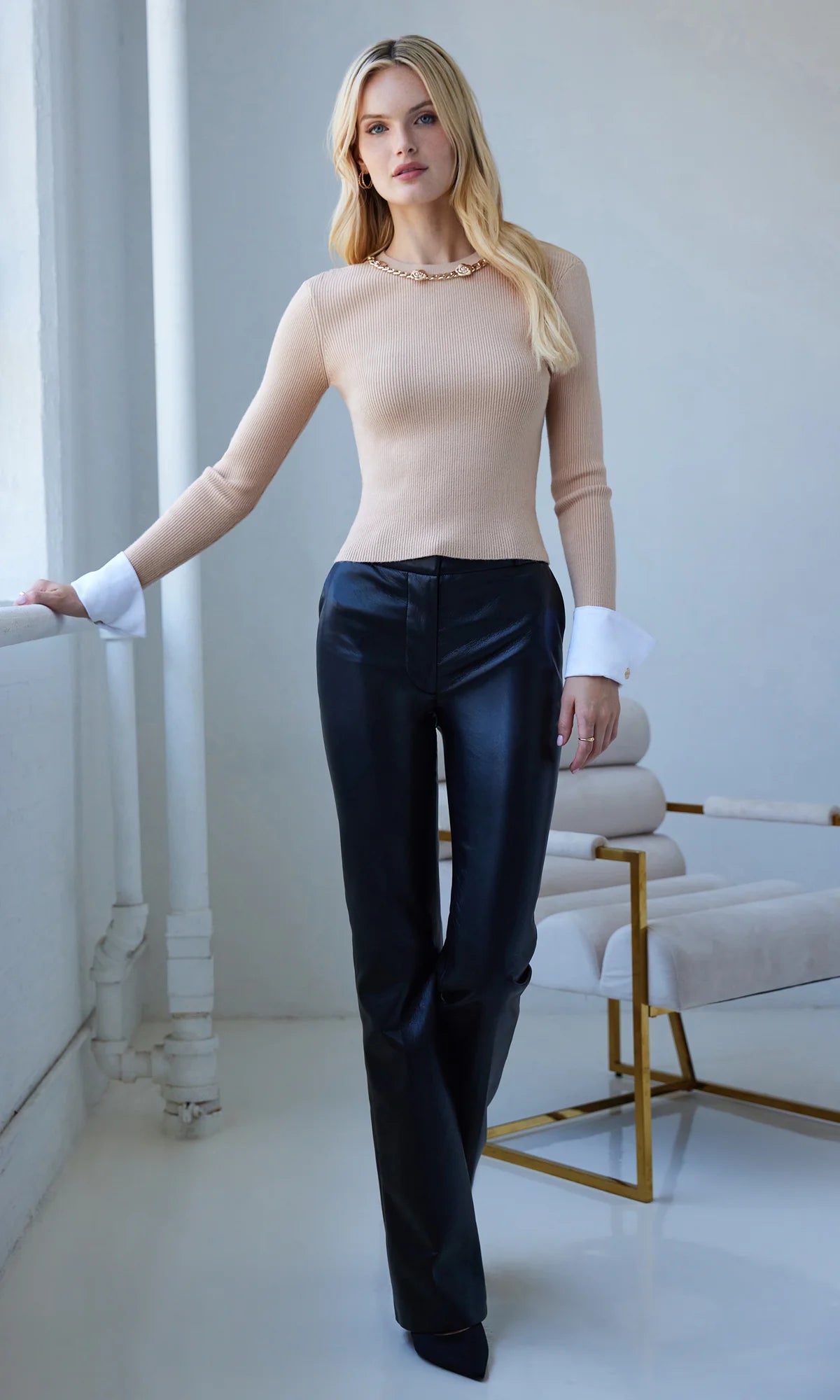 Leiber Ribbed Sweater With Poplin Cuff Camel