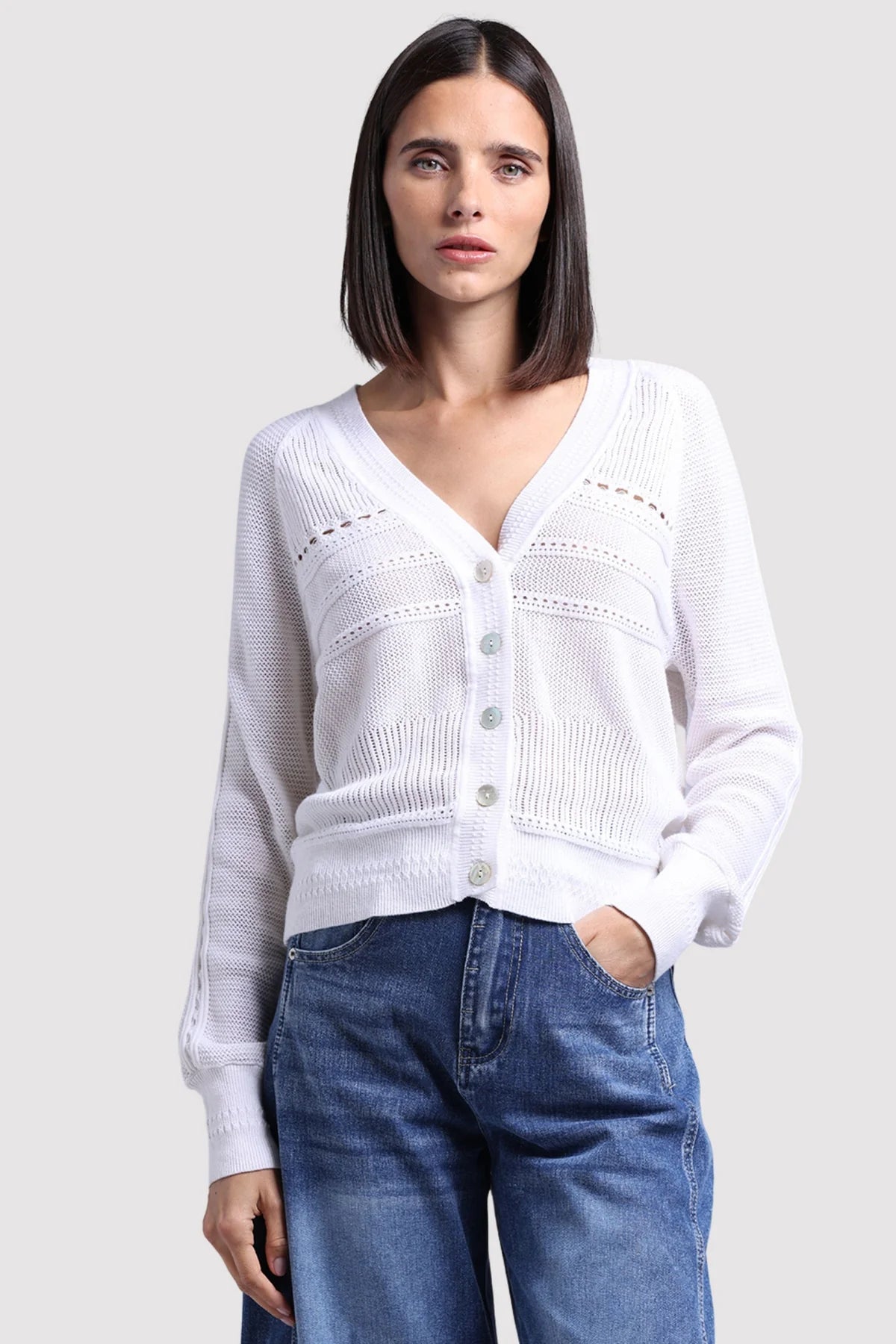 Cotton Cashmere Pointelle Mix V Neck Cardigan White