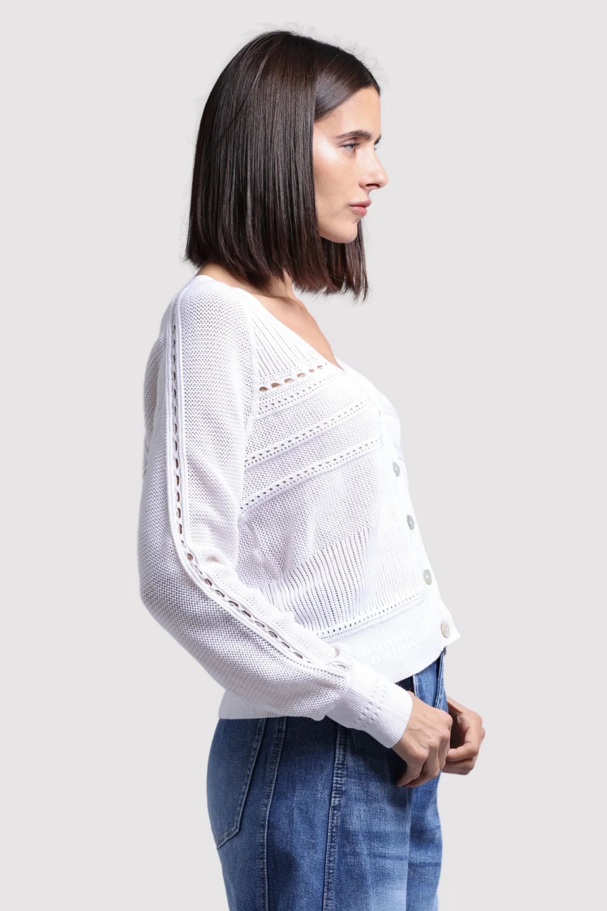 Cotton Cashmere Pointelle Mix V Neck Cardigan White