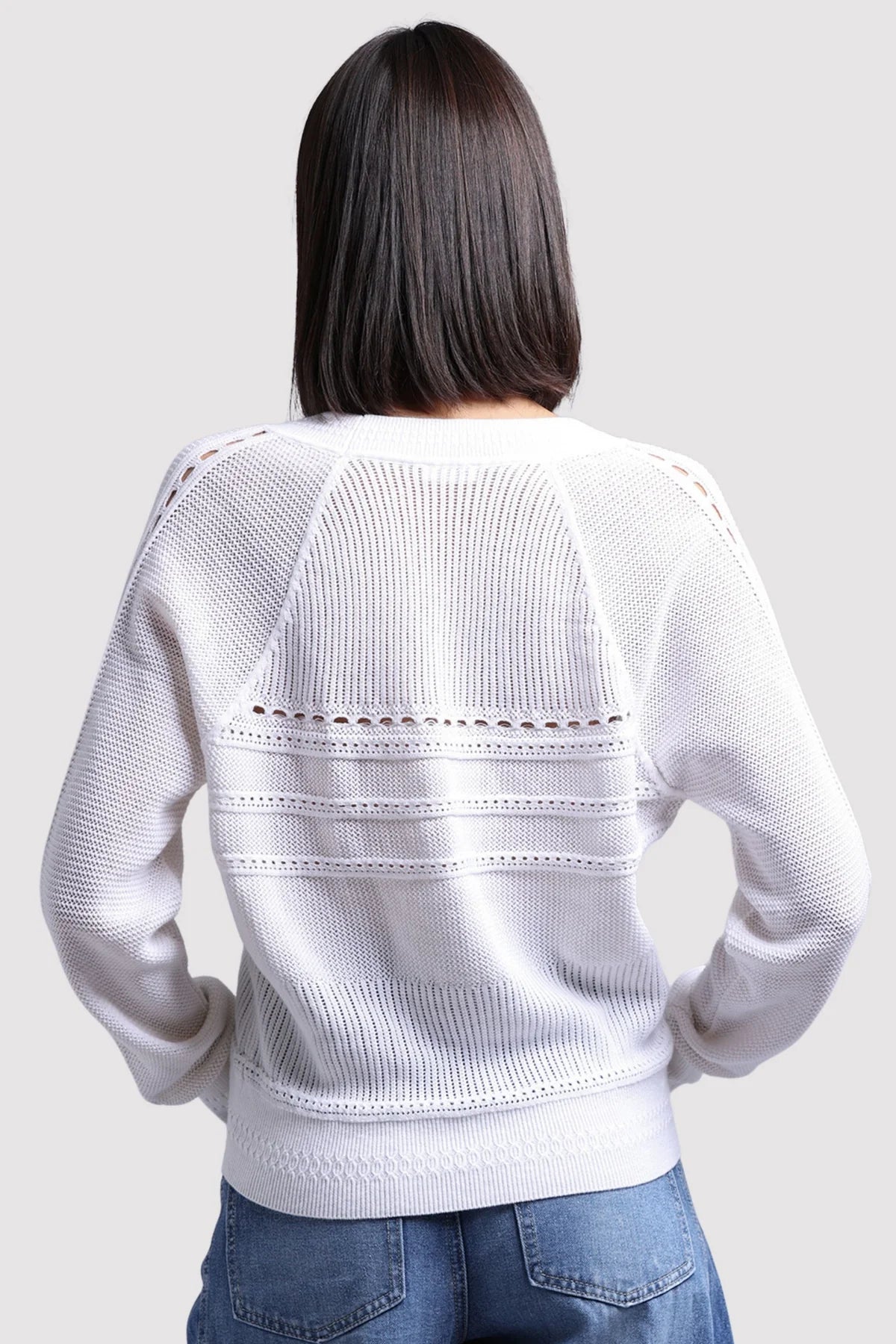 Cotton Cashmere Pointelle Mix V Neck Cardigan White