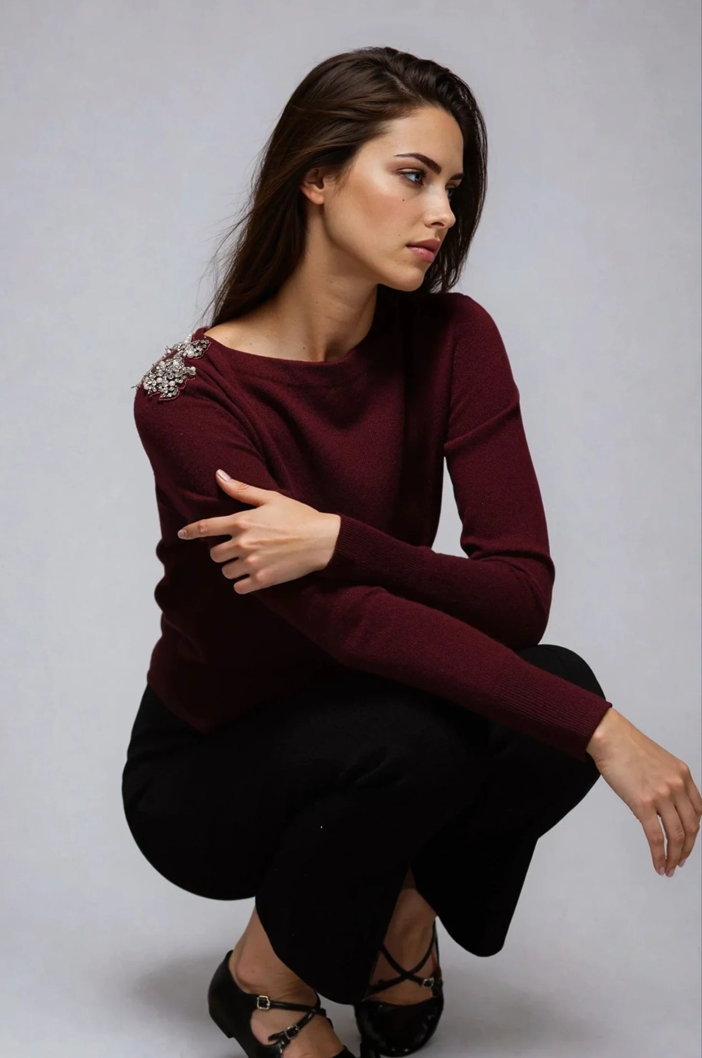 Bordeaux Cashmere Top with Shoulder Embellishment