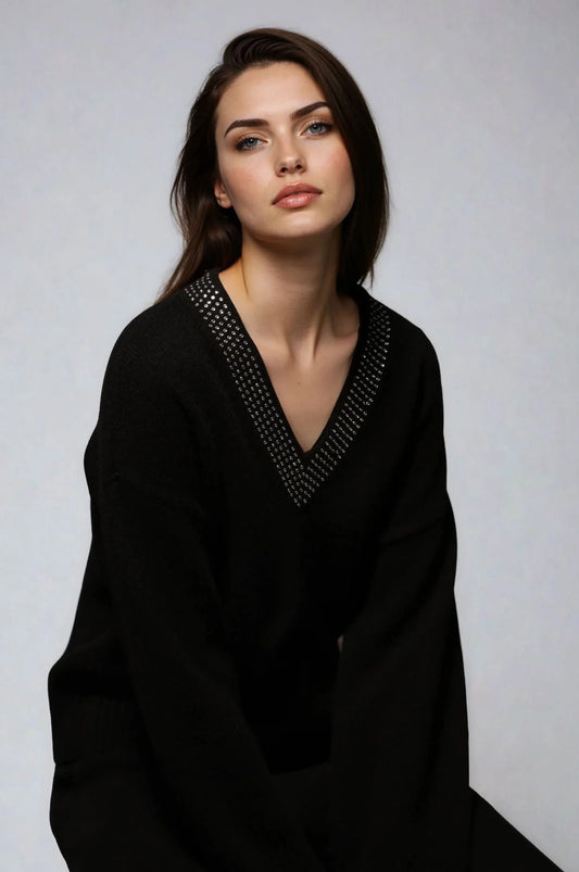Luxe Cashmere Embellished V Neck Black