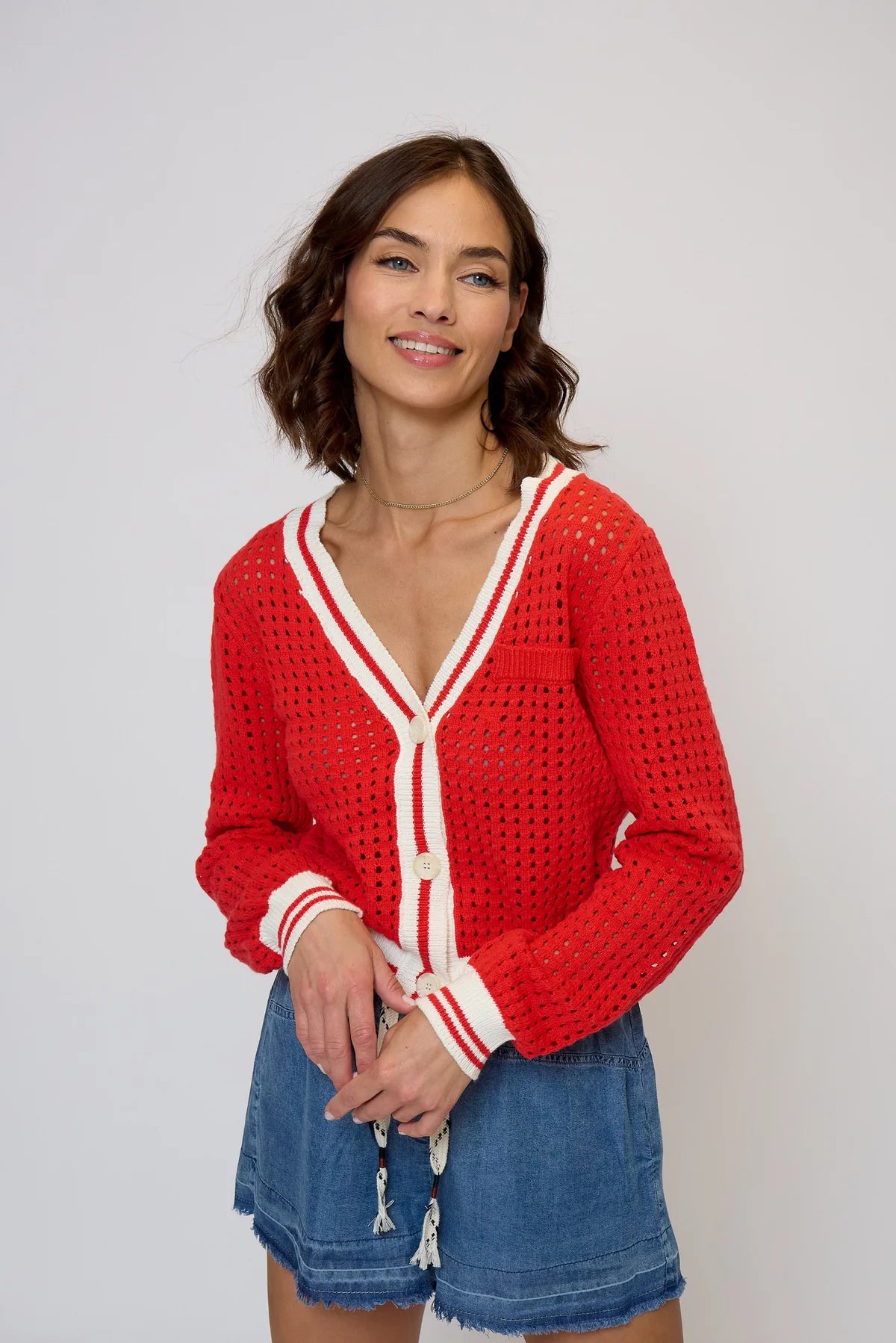 Junie Varsity Mesh Stitch Cardi Red