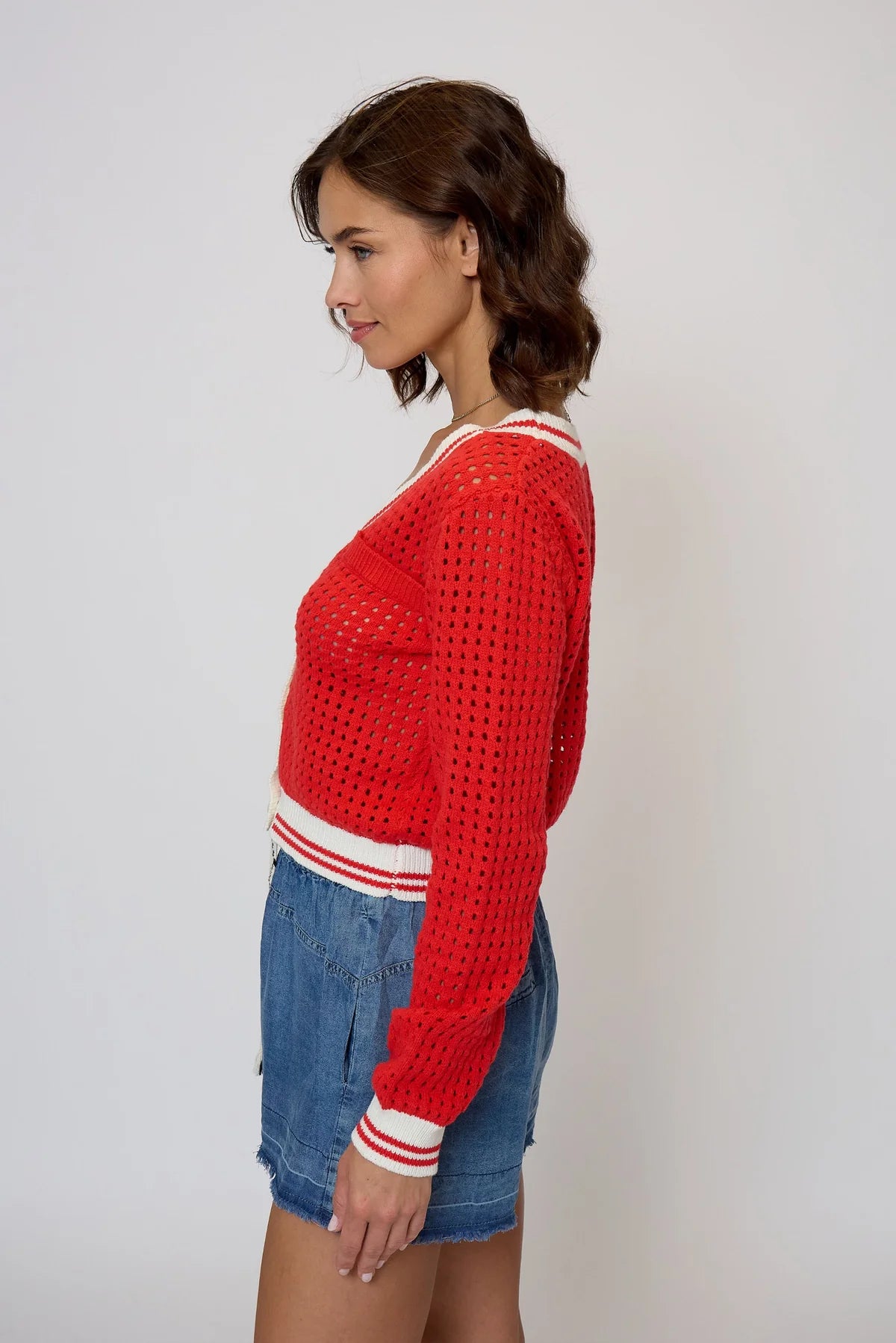 Junie Varsity Mesh Stitch Cardi Red