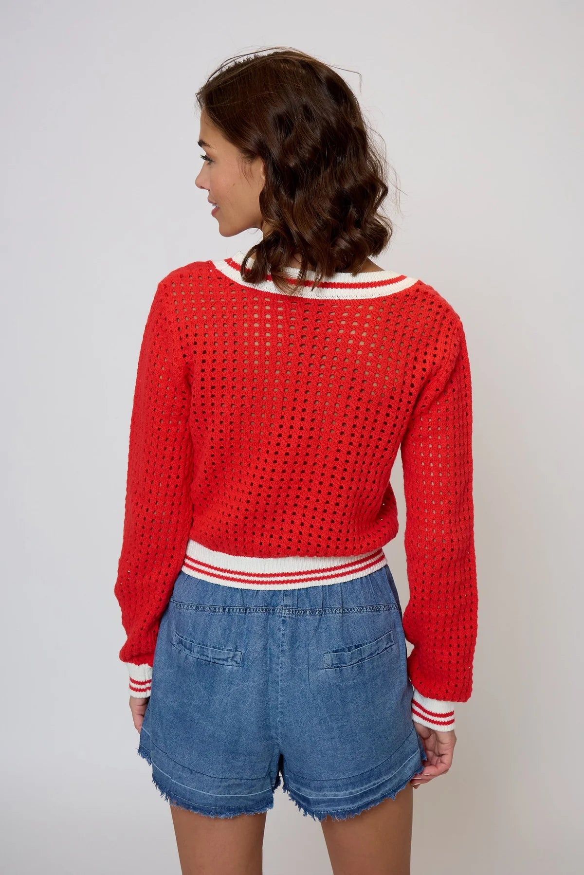 Junie Varsity Mesh Stitch Cardi Red