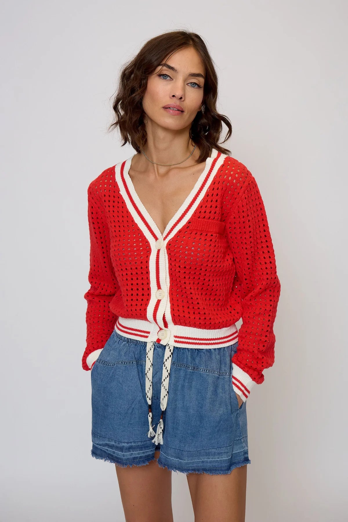 Junie Varsity Mesh Stitch Cardi Red