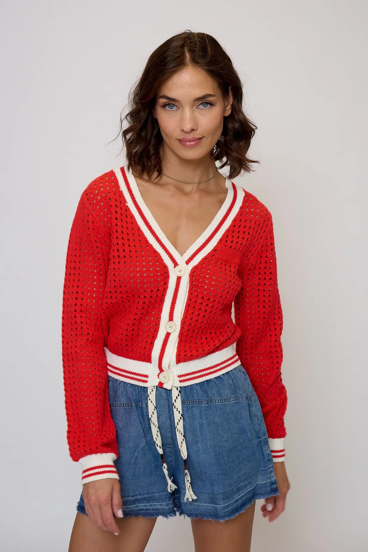 Junie Varsity Mesh Stitch Cardi Red