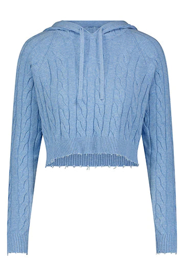 Cotton Cropped Frayed Cable Hoodie Baby Blue