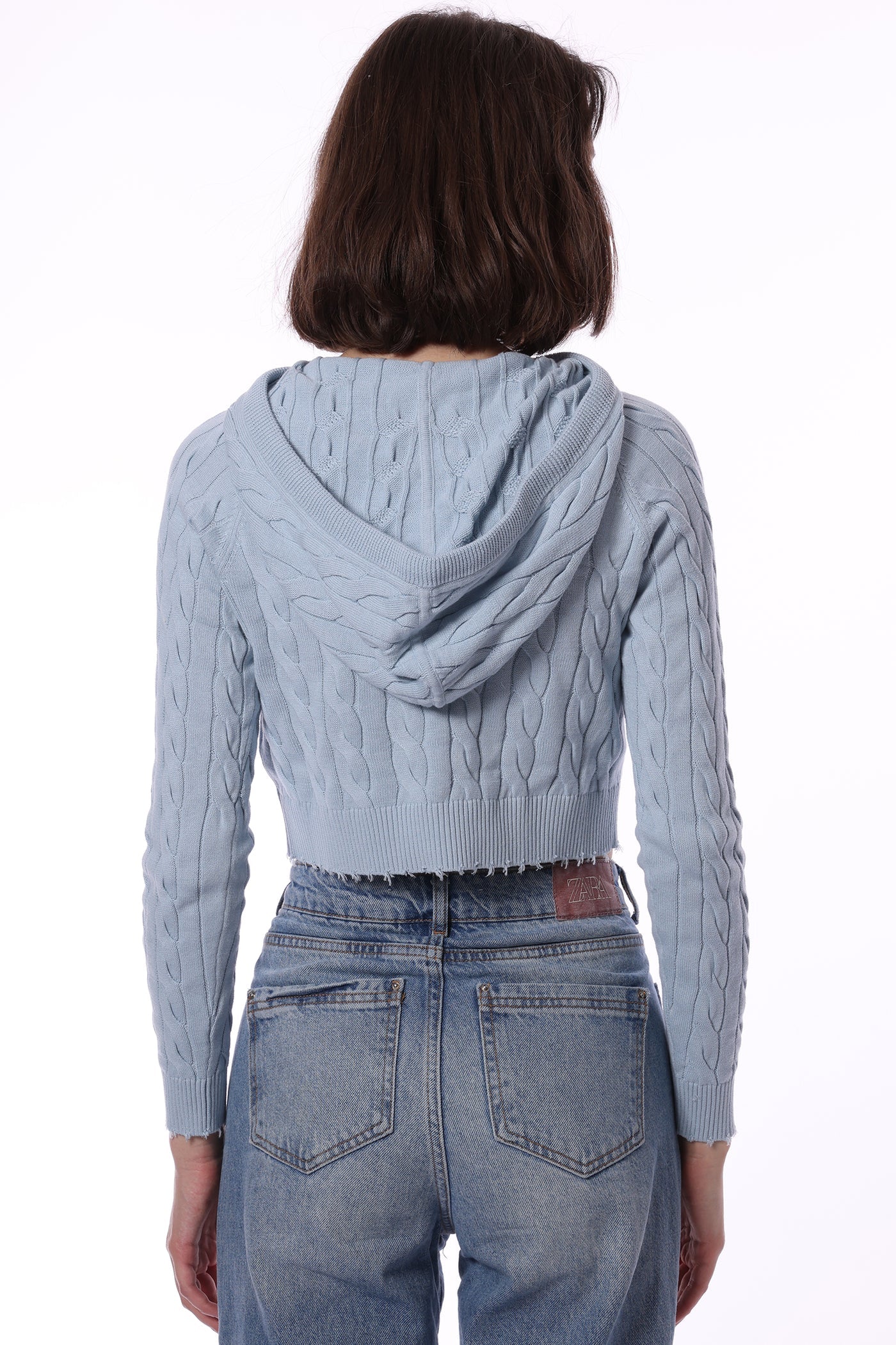 Cotton Cropped Frayed Cable Hoodie Baby Blue